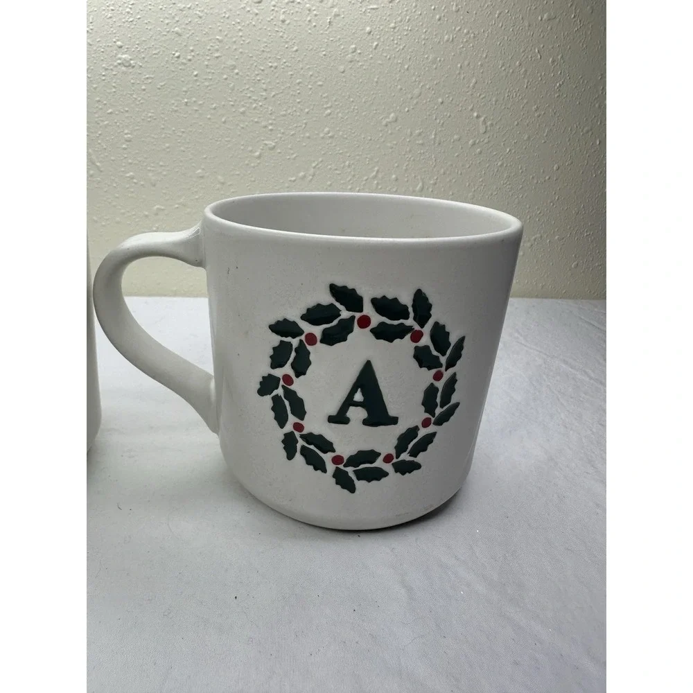 Pottery Barn Mug Christmas Initial A Wreath Set of 2 Ceramic